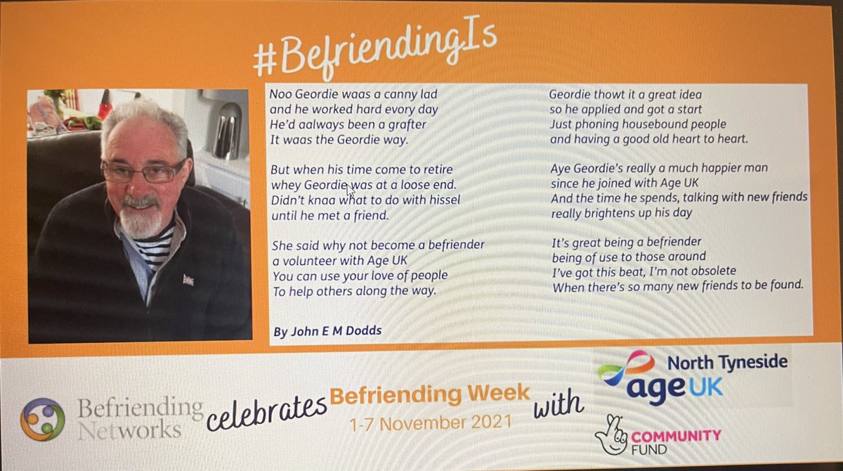 PillingMichelle's tweet image. Befriending the ‘last line of human connection’ so important to #socialprescribing thank you to Sarah Van Pullen @befriendingnet for an insightful presentation on today’s national webinar and sharing John’s poem @ageUKNT @Pers_Care @nicolagitsham