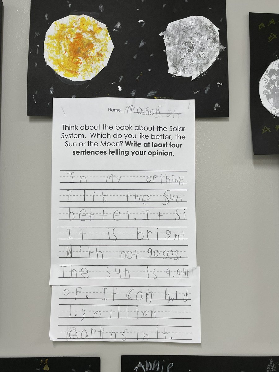 BWEbulldogs's tweet photo. 1st grader opinion pieces about the ☀️ and 🌙! @SouthernHancock https://t.co/fVYwo1I6YU
