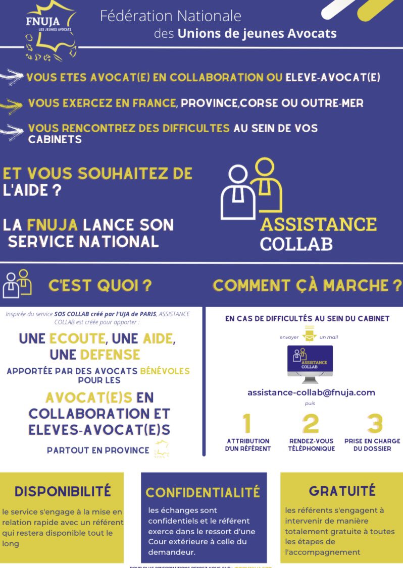 UjaMars's tweet photo. Chers Confrères,
Comme nous vous l’indiquions il y a quelques semaines, la @fnuja a récemment créé un service d’assistance aux collaborateurs de cabinets d’avocats, dénommé Assistance collab’.

Le point d'entrée est l'adresse mail suivante : assistance-collab@fnuja.com https://t.co/HfewZ7pu5N