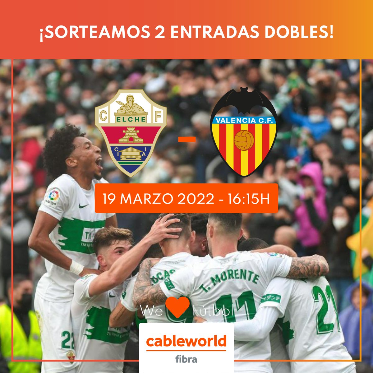 cableworld's tweet photo. ⚽¡#SORTEO 2 ENTRADAS DOBLES para ver al 
@elchecf!

¿Eres abonado/a cableworld y quieres ir al @elchecf🆚 @valenciacf del⏰19 de marzo? 

✅Sigue a @cableworld
✅Haz RT
✅Menciona a 2 amigos/as

🟠Viernes 18, a las 12h diremos ganadores/as

🖋️Bases: https://t.co/aIyeJy6heQ https://t.co/bJ5W9uP5QX