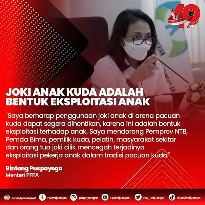 Menteri Pemberdayaan Perempuan dan Perlindungan Anak Bintang Puspayoga meminta penggunaan joki anak dalam tradisi pacuan kuda di Bima, Nusa Tenggara Barat, agar dihentikan karena sangat membahayakan anak

#PDIPerjuangan 
#IndonesianGP
Attitude MotoGP