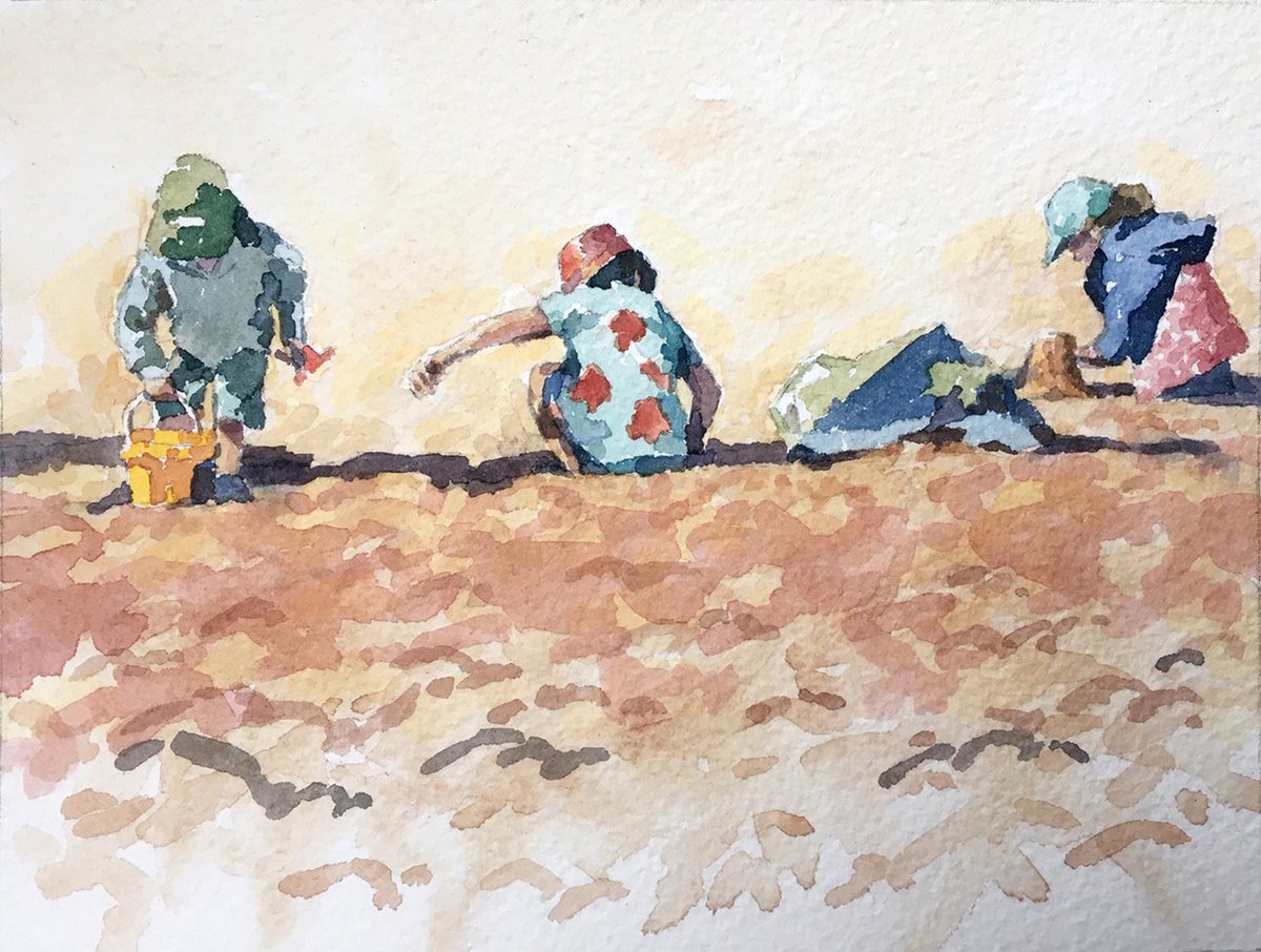 #TAE22 Sent my image - 'Beach Workers' off to York this week. This year's exhibition in aid of #encephalitis Society #watercolour #artistsontwitter #beach