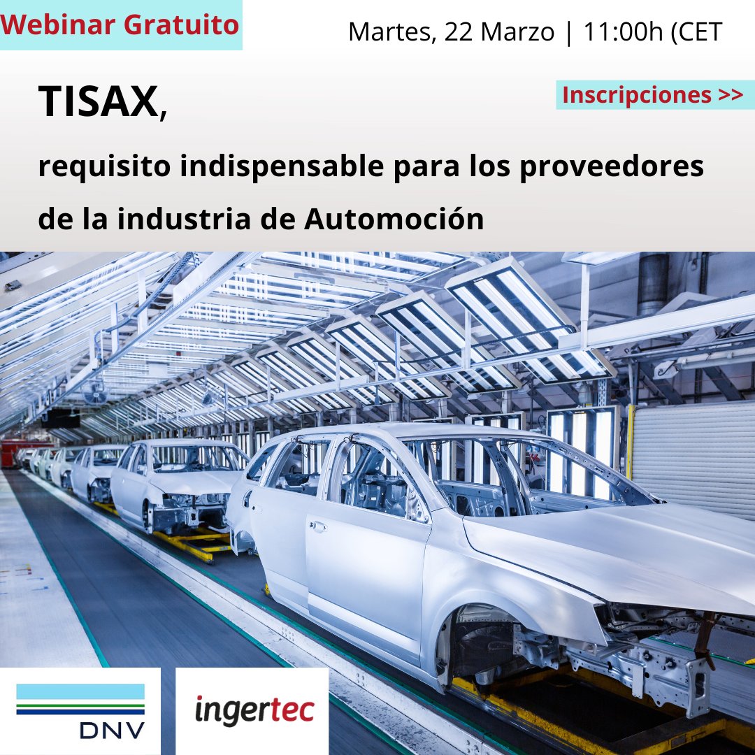 Ingertec's tweet photo. TISAX: WEBINAR GRATUITO

☝️Os lo avisamos, os dijimos que el webinar de #ENS iba a ser el primero de muchos.

¿QUIERES CONOCER #TISAX? 

➡️ INSCRÍBETE: https://t.co/ec5dPwkStq

#VDA #automoción #webinargratuito #eventogratuito #DNV #GrupoIngertec #IngertecTeam https://t.co/5mRej20fuw