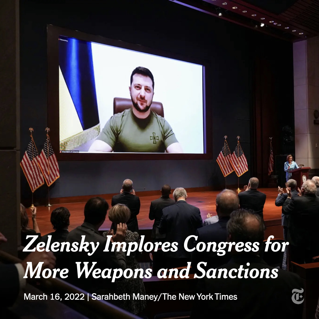 Breaking News: President Volodomyr Zelensky of Ukraine made an urgent and emotional appeal for help in a speech to Congress and showed searing footage of civilian casualties.
nyti.ms/3q6KAN9