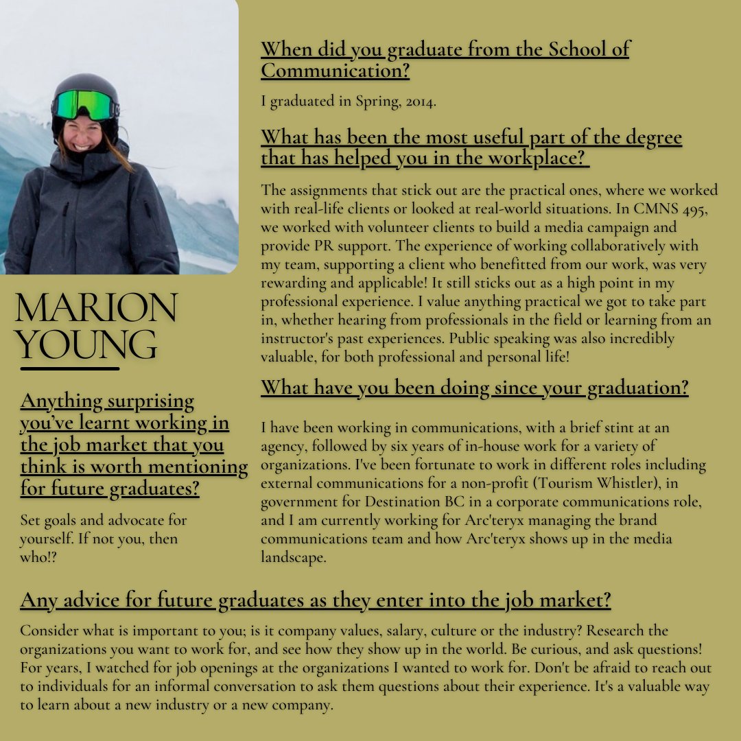 Our next alumni profile belongs to Marion Young, who gives us insight into the importance of practical courses in the School of Communication. Thanks so much for participating Marion! #CapU #NorthVan #Communications #ILoveCapU #CapUProud