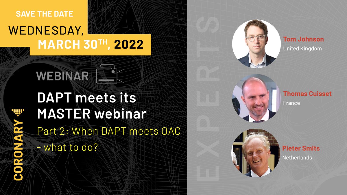 incathlab's tweet photo. DAPT meets its MASTER webinar - Part 2: When DAPT meets OAC - what to do?
Be there on Wednesday, March 30th at 6PM CET!
To be part of the discussion with our experts --> https://t.co/rzEFfNTYXL
In collaboration with @terumoisuk
#PCI #coronary #cardiology #LearningEdge https://t.co/7YX8ICL8DL