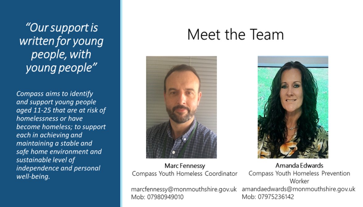 MCC_EES's tweet photo. Meet our Compass team! Amanda &amp; Marc provide support for people aged 11 to 25 across Monmouthshire that are at risk of homelessness or who are currently homeless. They provide an invaluable service by providing support &amp; guidance for young vulnerable people. https://t.co/ya5TFtVRT5