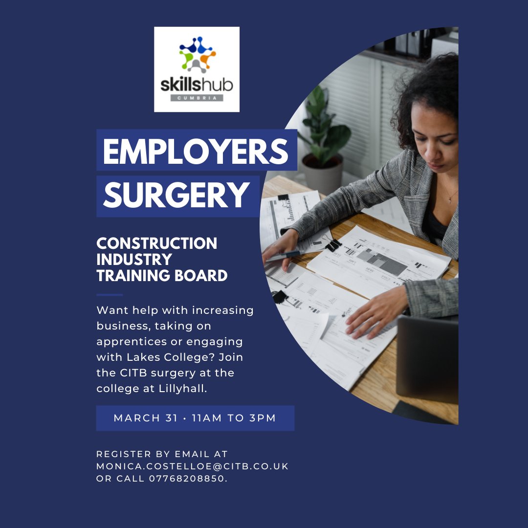 lakescollege's tweet photo. There is still time for employers to register for a surgery with the Construction Industry Training Board at Lakes College. For more information email monica.costelloe@citb.co.uk or call 07768208850. https://t.co/8wAX5ZDCcR