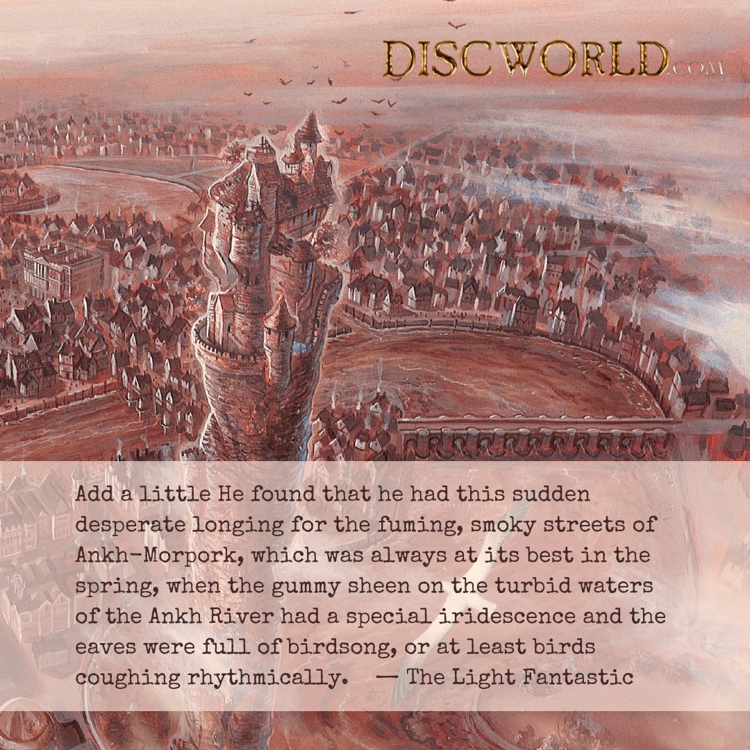 Discworld_com's tweet photo. #SpringEquinox
He found that he had this sudden desperate longing for the fuming, smoky streets of Ankh-Morpork, which was always at its best in the #spring...the eaves were full of birdsong, or at least birds coughing rhythmically.
The Light Fantastic
#TerryPratchett #Discworld https://t.co/ILr7GBiAAf