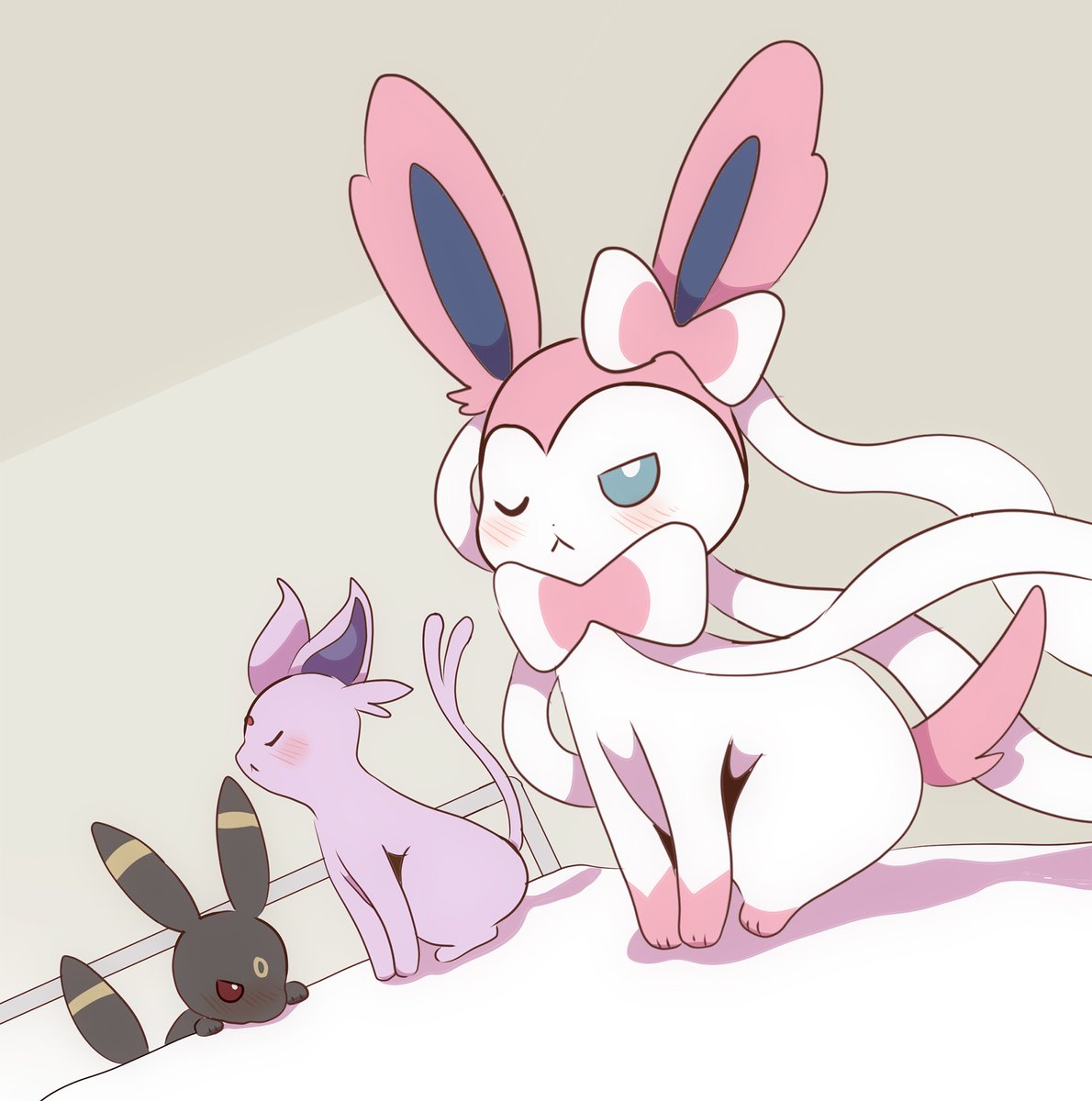 espeon ,sylveon ,umbreon pokemon (creature) no humans blush one eye closed sitting closed eyes closed mouth  illustration images