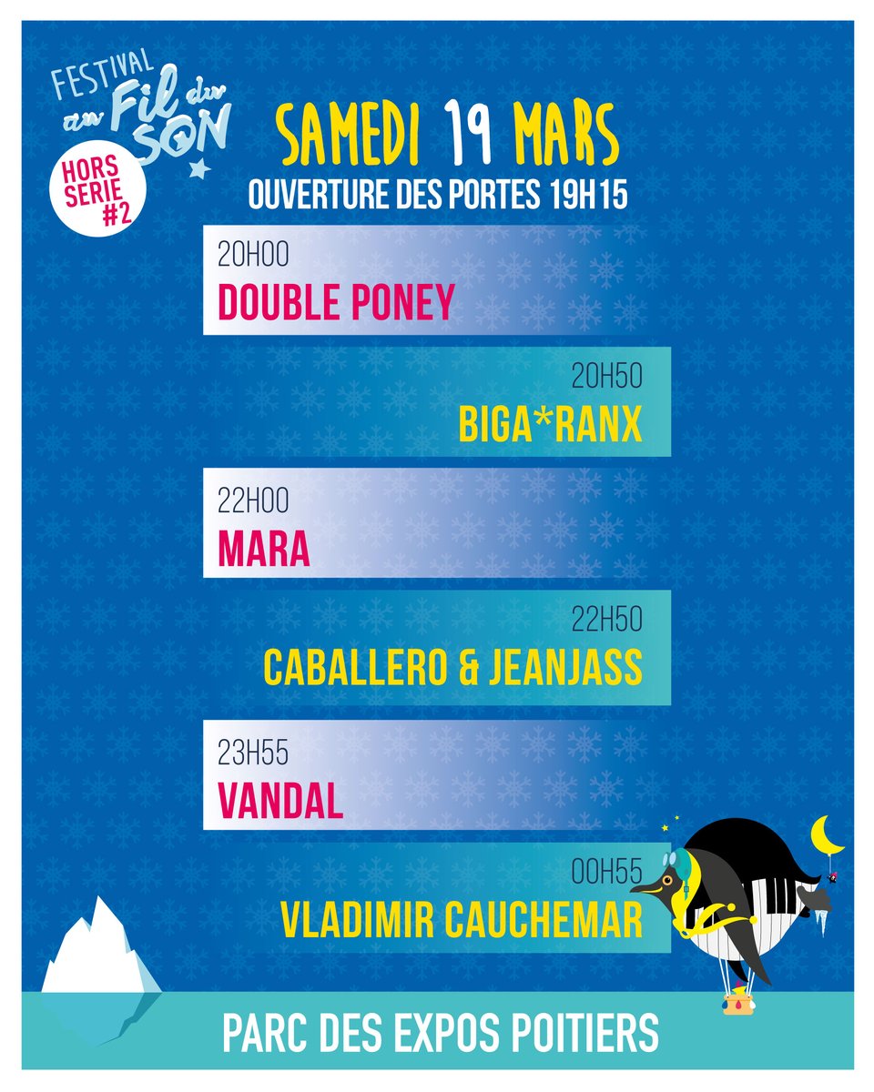 HORS SÉRIE #2 ÇA CONTINUE !
On sait que vous avez encore de l'énergie pour ce deuxième jour de festival Hors Série !
On se retrouve à partir de 19h15 avec <a href="/caballerobxl/">El Profesor ™️</a> &amp; @JeanJass, <a href="/vladcauchemar/">VLADIMIR CAUCHEMAR</a>, <a href="/BIGA_RANX/">BIGA*RANX / TELLY*</a>, <a href="/KaotikRecords/">Vandal</a>, Mara et Double Poney !
Billets disponibles sur place !