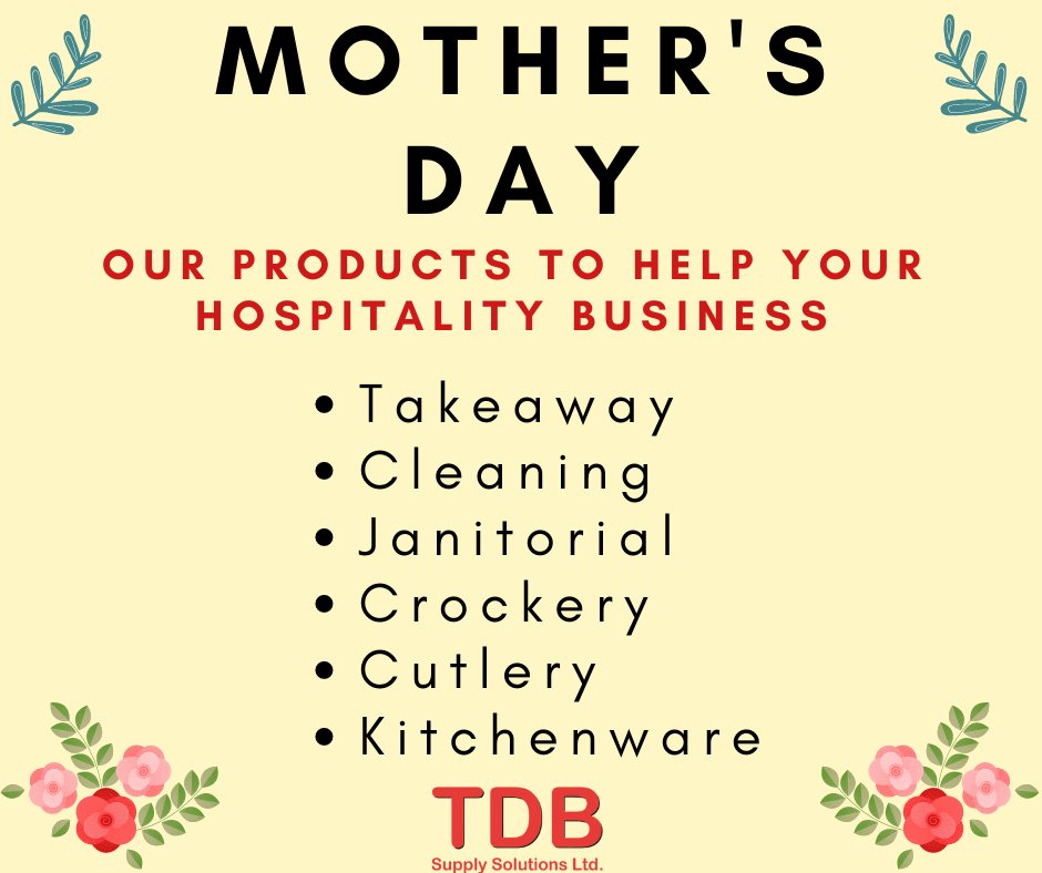 TDBSUPPLY's tweet photo. Hospitality - Mother's Day is coming up! 💐You've may have planned a special menu, developed a new cocktail or are running promotions, but have you thought of everything? See the image for how we can help you.
Get in touch with your requirements > info@tdbsupply.com 01202 232640 https://t.co/BZ2gJkiJVr
