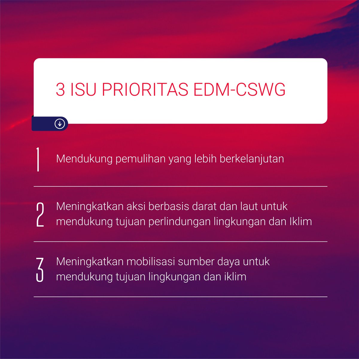 Indonesia_G20's tweet photo. 3 isu prioritas Environment Deputies Meeting and Climate Sustainability Working Group (EDM-CSWG) akan dibahas untuk menjadi komitmen bagi para anggota G20 melalui adopsi suatu Komunike Menteri-Menteri Lingkungan Hidup &amp; Perubahan Iklim G20 sebagai dokumen utama hasil pertemuan. https://t.co/J4huPX3hxe