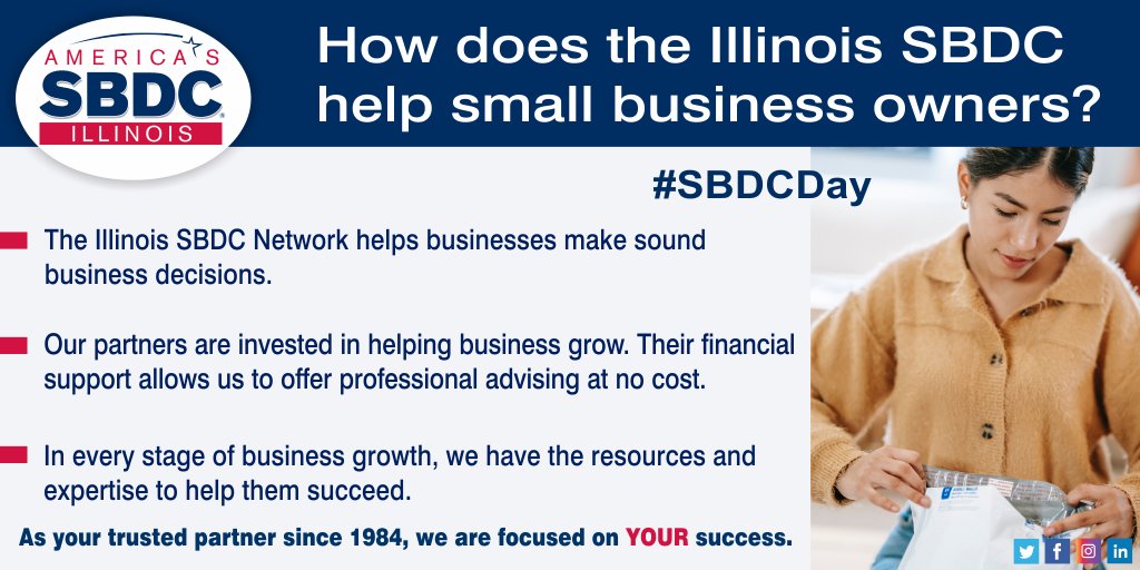 IllinoisSBDC's tweet photo. Running your own #smallbusiness doesn’t have to be hard. The #IllinoisSBDC can help! We provide one-on-one NO-COST advising to #smallbusinessowners. Follow us on social media and check out our website. https://t.co/nqqi84XVGU
#SBDCDay #SmallBusinessSupport #TrustedResource https://t.co/fpYDArqOsR