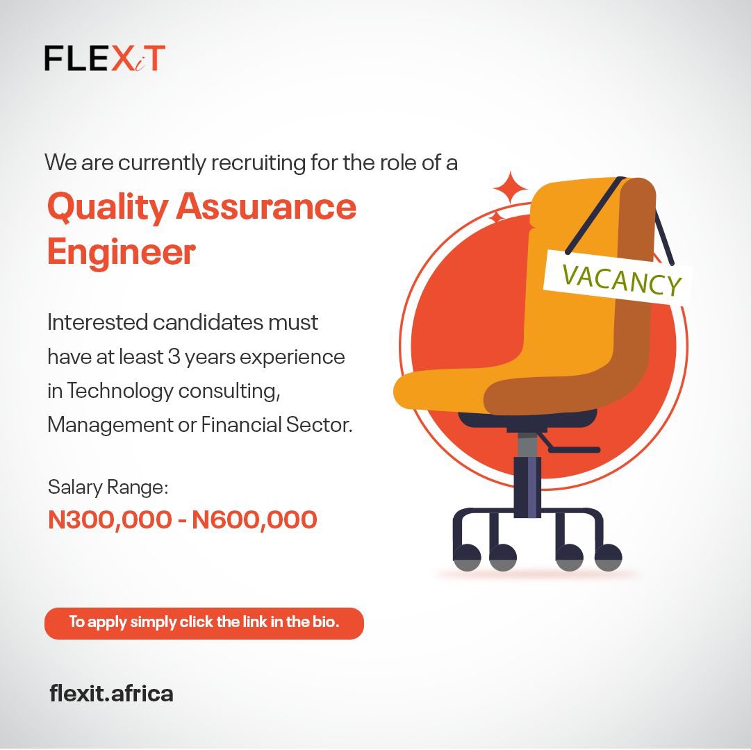 flexitafricang's tweet photo. Hello Guys!

We are currently hiring for the roles below:
Quality Assurance Engineer 
Frontend Developer

Interested candidates must have at least 3 years of experience in Fintech, Finacial Sector, or Technology Consulting. 

Salary Range:

N300,000 - N600,000 https://t.co/Fiu8KYl80h