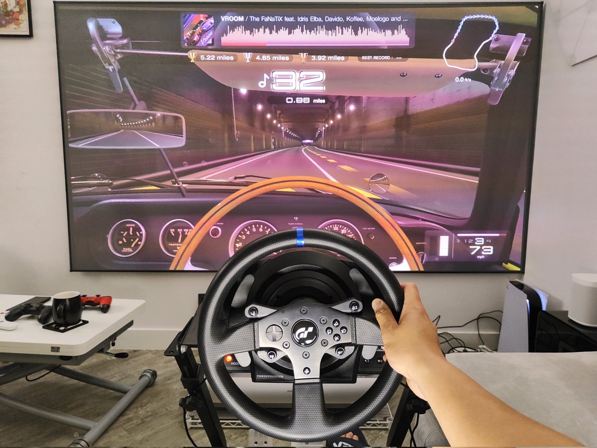 richardlai's tweet photo. New rig! Just picked up a @TMThrustmaster T300RS GT for #GranTurismo7 on my PS5, with a 100-inch 4K ultra-short-throw projection from my @JmgoSmart U2! @thegranturismo https://t.co/QMiCsXXjlK