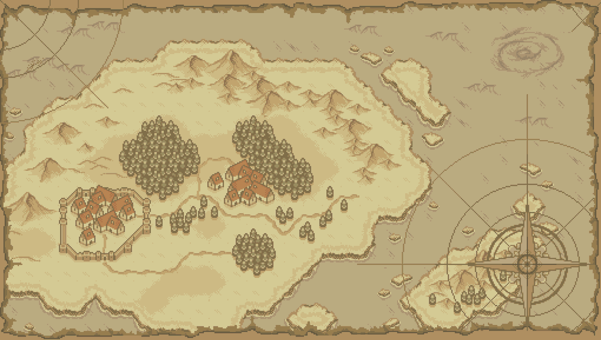 Namatnieks's tweet photo. So I noticed there is no standard pixelart 'paperlike' world map asset pack. Hence started working on one. Here's a WIP. It will be customizable. You can give me any suggestions what you want included in one while im still at it #pixelart #gamedev https://t.co/qRArgU4kS3