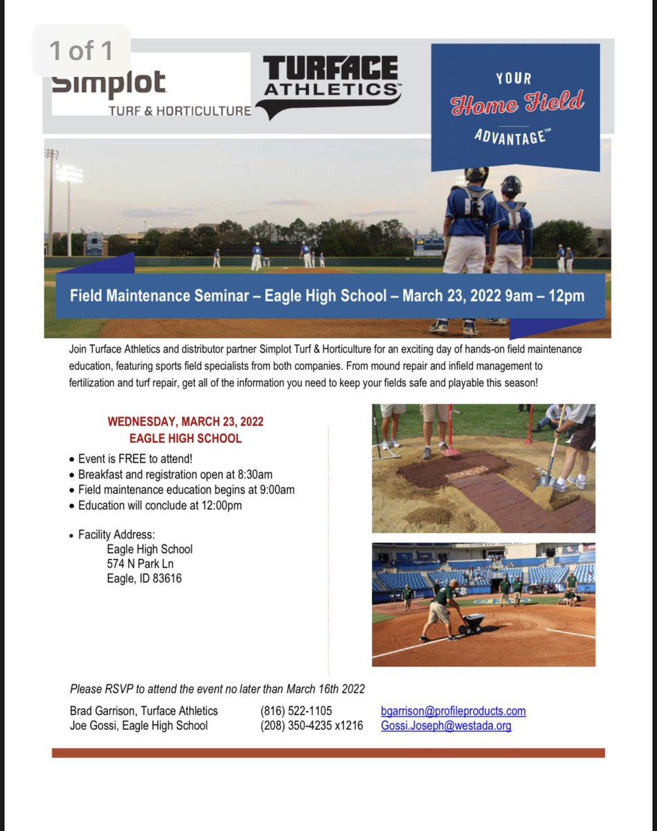 jGoose11 (@jsgoose11) on Twitter photo Join Us! All you groundskeeper enthusiasts or coaches who donโt like bad hops. Hands on how to field tips and more!
Your hosts <a href="/JSGoose11/">jGoose11</a> <a href="/EagleHSbaseball/">๐
๐
๐
ข ๐
๐
๐
ข๐
๐
๐
๐
๐
</a> <a href="/TurfaceC/">Turface Grounds Crew</a> <a href="/Turfaceproducts/">Turface Athletics</a> <a href="/SimplotTurf/">Simplot Turf & Horticulture</a> <a href="/johngides/">John Gides</a>
March 23rd from 9-12. Breakfast and registration at 8:30. Please RSVP Join Us! All you groundskeeper enthusiasts or coaches who donโt like bad hops. Hands on how to field tips and more!
Your hosts <a href="/JSGoose11/">jGoose11</a> <a href="/EagleHSbaseball/">๐
๐
๐
ข ๐
๐
๐
ข๐
๐
๐
๐
๐
</a> <a href="/TurfaceC/">Turface Grounds Crew</a> <a href="/Turfaceproducts/">Turface Athletics</a> <a href="/SimplotTurf/">Simplot Turf & Horticulture</a> <a href="/johngides/">John Gides</a>
March 23rd from 9-12. Breakfast and registration at 8:30. Please RSVP