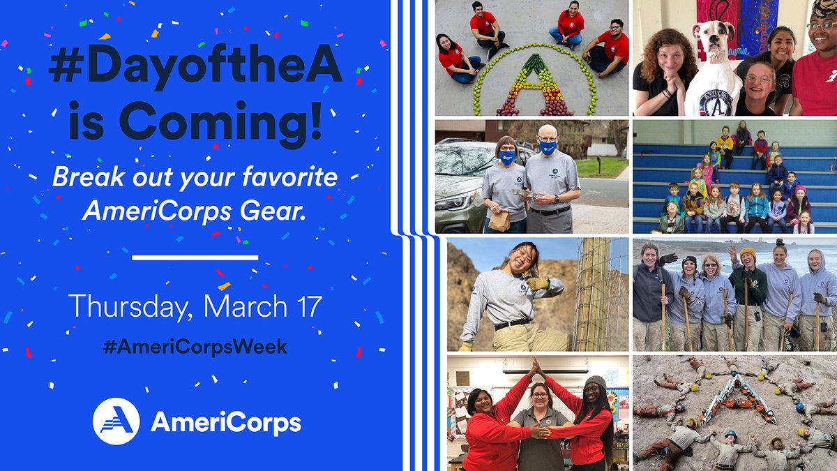 FgpOf's tweet photo. Get ready for #DayofTheA on Thursday, March 17! Let's come together as #WeAreAmeriCorps from coast to coast. Join in by tweeting photos or videos that show off your #AmeriCorps 🅰️ in a fun &amp; creative way. Remember to bring your "A" game &amp; tag @AmeriCorps. 
#AmeriCorpsWeek https://t.co/KSgqrqXMl4