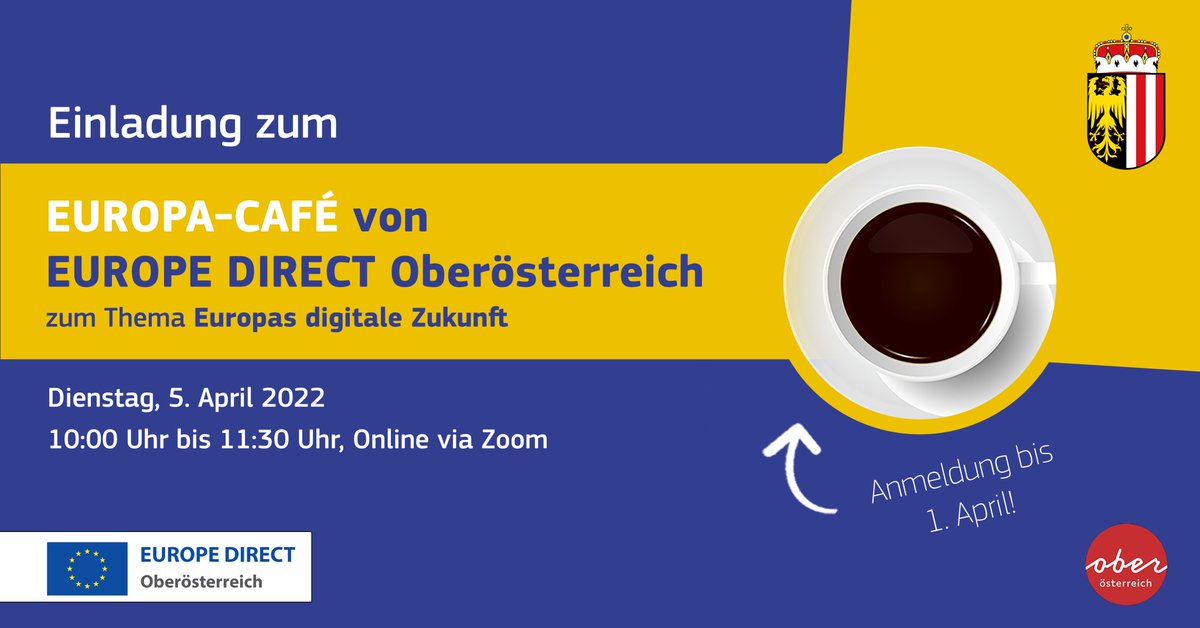EUROPA-CAFÉ zum Thema Europas digitale Zukunft 💻 Mit Gast MMag.a Dr.a Ranjana Andrea Achleitner @jkulinz - Anmeldung bis 1.4. an europedirect@ooe.gv.at 👇👇