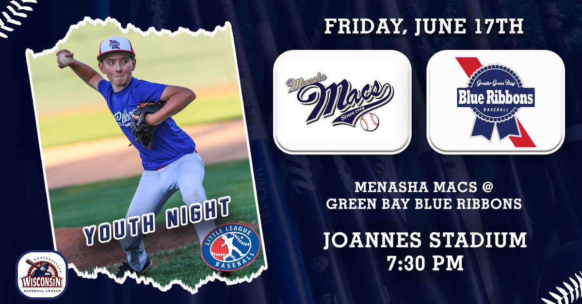 Friday, June 17th. All youth baseball and softball players are invited to join us at Joannes Stadium to watch the Blue Ribbons and the <a href="/MenashaMacs/">Menasha Macs</a> face off in a <a href="/newblwi/">Northeastern Wisconsin Baseball League</a> game. Kids showing up in uniform will receive free admission for the whole family! #blueribbonsbaseball