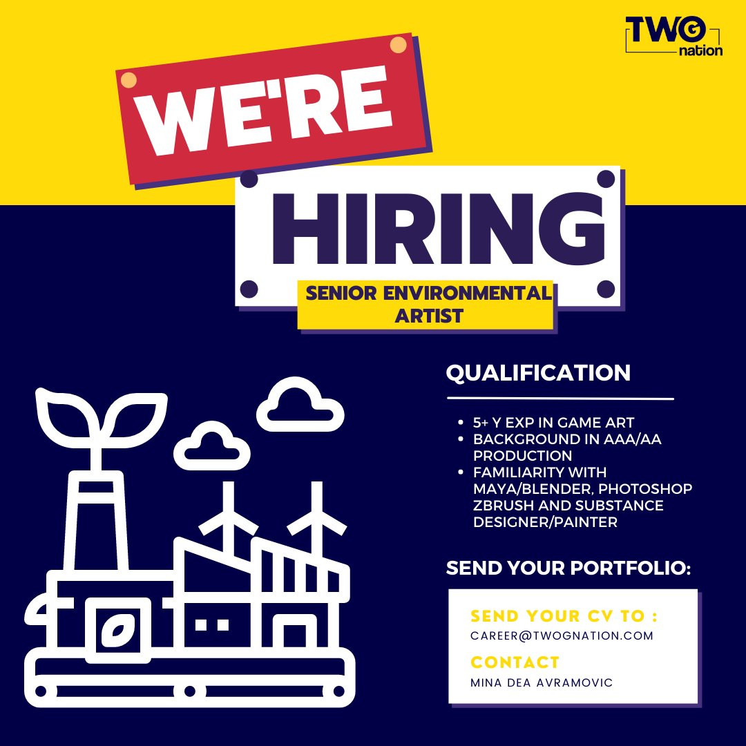 twognation's tweet photo. Hey guys, we are looking for #3dcharacterartist and #seniorenvironmentalartist!⭐
You can read descriptions here:
✅ 3D CHAR ARTIST - https://t.co/4hnuhRgSHg
✅ ENVIRONMENTAL ARTIST - https://t.co/FNvMrD9mIO
💻Apply at: career@twognation.com
#job #hiring #3dartist #designer https://t.co/V3xr0BBCIu