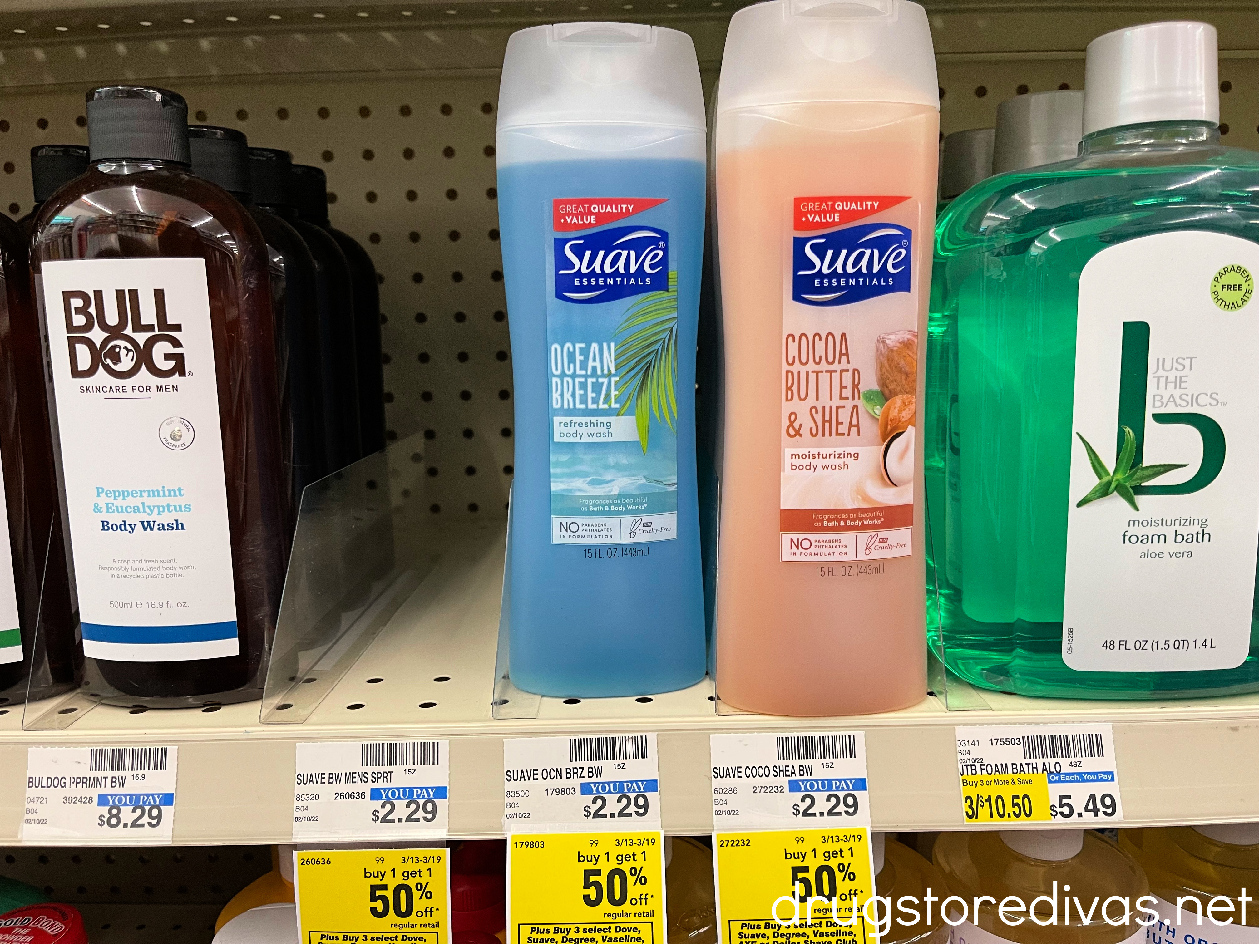 Body wash on a shelf in a store.