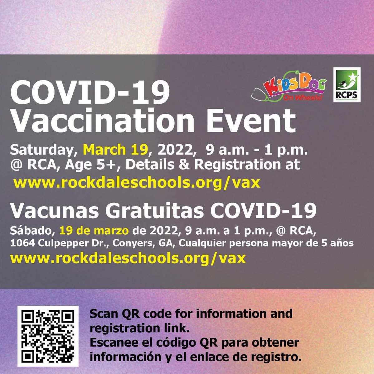RockdaleSchools's tweet photo. RCPS &amp; @kidsdoconwheels offer free COVID-19 Vaccination Saturday, March 19, 2022, 9am–1pm @rca_career. Vaccine available to all age 5 &amp; older. Registration &amp; details at https://t.co/wHF0lFf30D https://t.co/LwkdIocOej