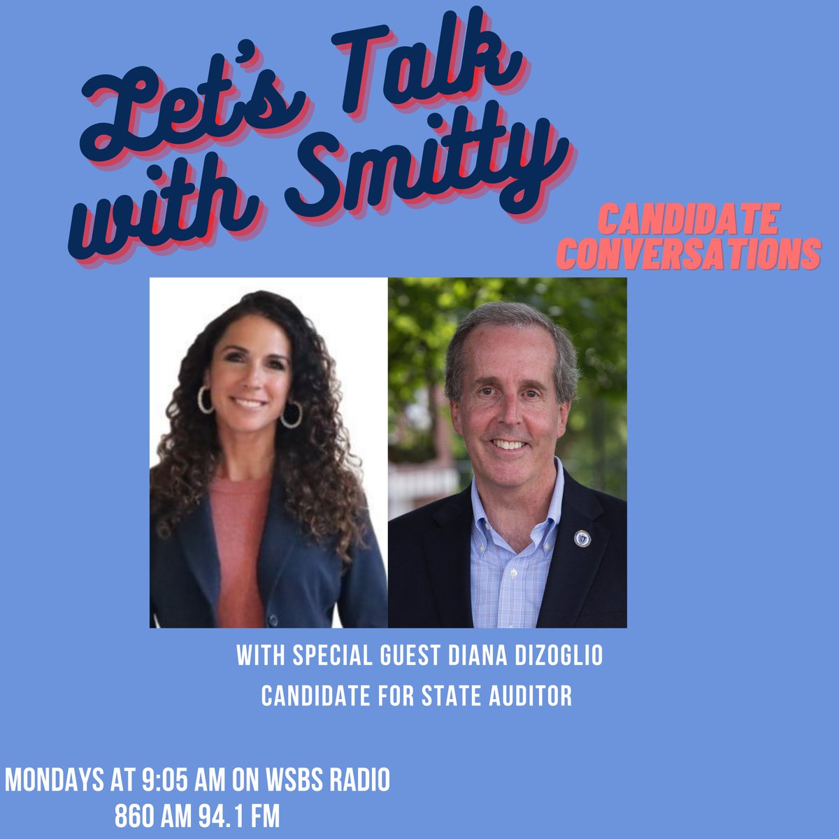 repsmitty34's tweet photo. @DianaDiZoglio joins me on "Let's Talk with Smitty" this Monday for the latest #CandidateConversation. Tune in at 9:05am on @WSBS or https://t.co/NBIaRzBOcl to learn about her campaign for State Auditor and the issues she's running on #mapoli https://t.co/dn2MzSfbbl