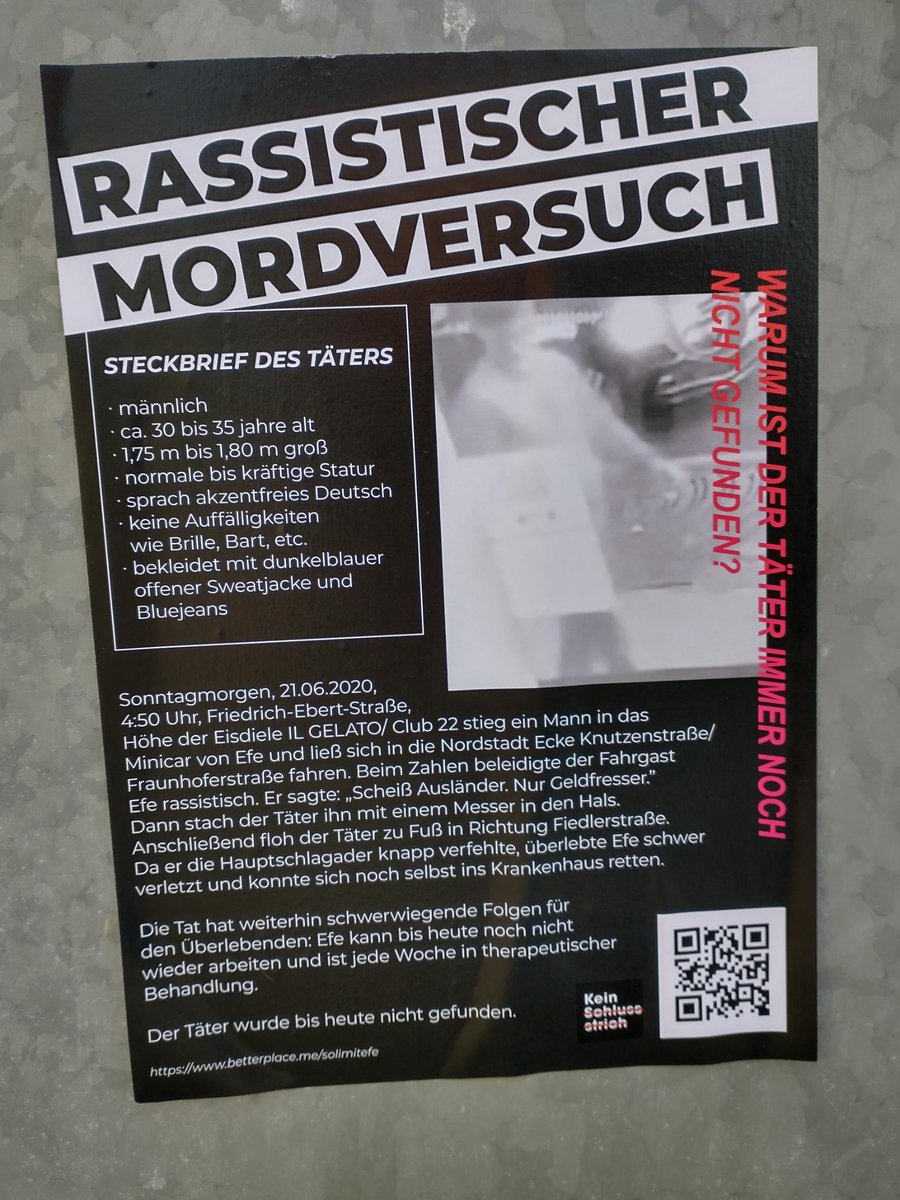 PDezentrale's tweet photo. In Erinnerung an den Mordversuch an dem Minicar Fahrer Efe im Juni 2020 haben Aktivist*innen in der Nacht vom 15. auf den 16 März in ganz Kassel imitierte Fahndungsplakate verteilt. Auf ihnen wird auf die bislang erfolglose Tätersuche aufmerksam gemacht.
https://t.co/qELAPajkSL https://t.co/FKqxeLAYY0