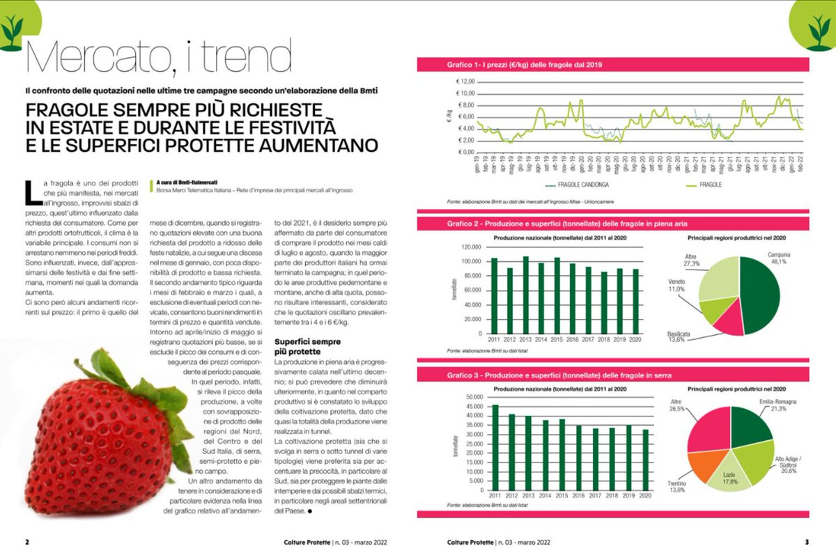 BMTI_IT's tweet photo. 🍓Il confronto delle #quotazioni nelle ultime tre campagne delle #fragole, a pag. 2 dell'ultimo numero di 🗞#ColtureProtette
➡ https://t.co/rEynbkOWYl
[ 📊Elaborazione #BMTI su dati dei mercati all’ingrosso #Mise - @unioncamere ] https://t.co/o9ohdqClJu