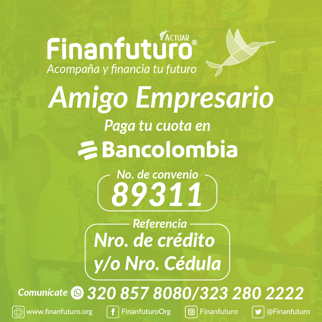 ¡A TODOS NUESTROS EMPRESARIOS!
Conocemos los cambios a los que nos debemos enfrentar en estos momentos, por eso #ConFinanfuturo nuestros empresarios tienen facilidades a la mano para cancelar sus obligaciones.
#Finanfuturo, somos todos.