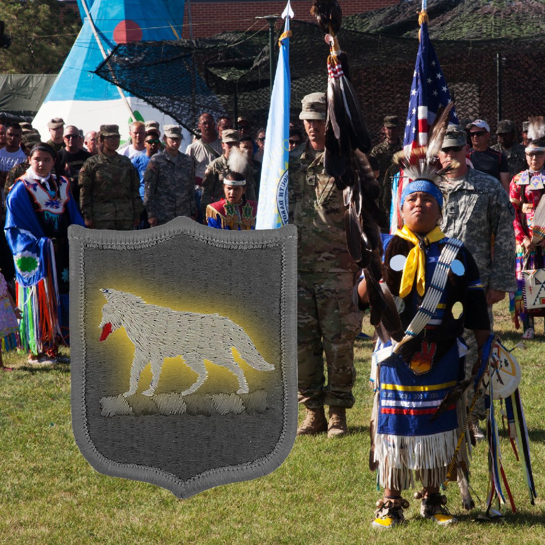 SDArmyNG's tweet photo. We saved the best icon of #PatchWednesday for last. The logo of the #SDARNG and nickname of our organization, the Coyote Division. The logo that our allies recognize around the world was chosen for our shoulder insignia in 1952 to represent the Lakota heritage of our state. https://t.co/2jy1AicefP
