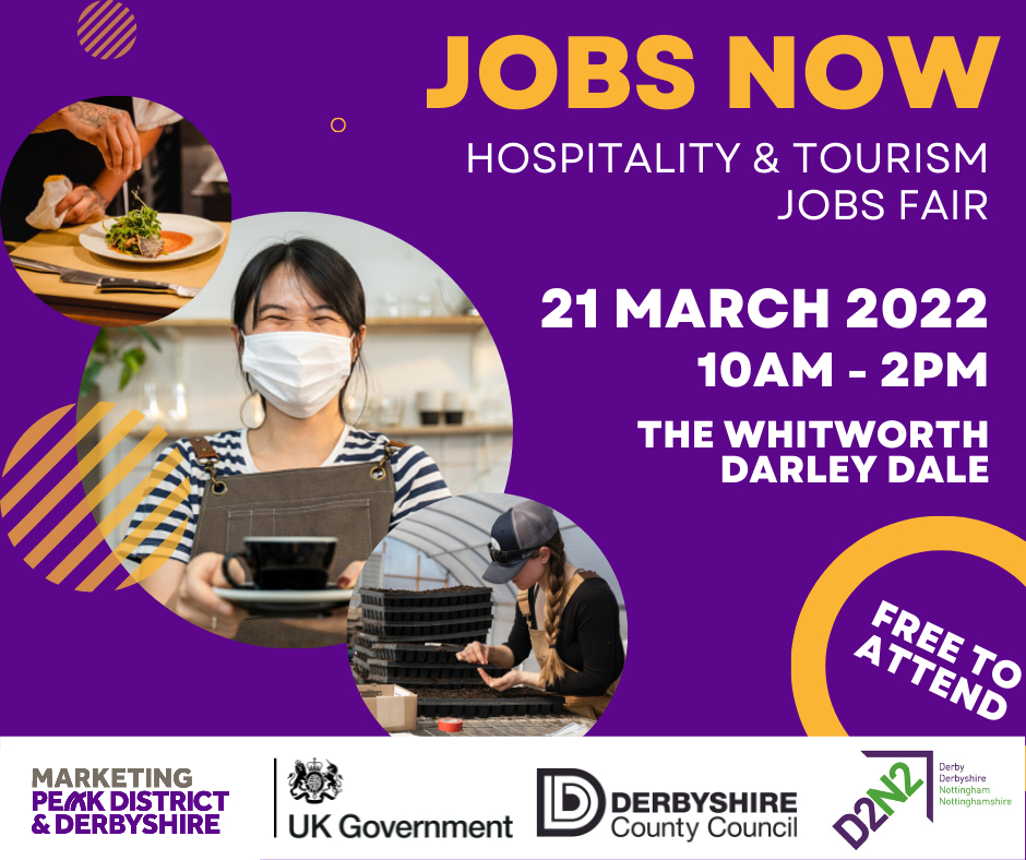 The countdown is on for our #Hospitality &amp; #Tourism Jobs Fair on Monday 21 March at The Whitworth, Darley Dale - a great way to kick off #EnglishTourismWeek22!

If you'd like to get involved, please contact jobsfair@theeventfoundry.co.uk.

Details at: ow.ly/Jg1y50HWwn6