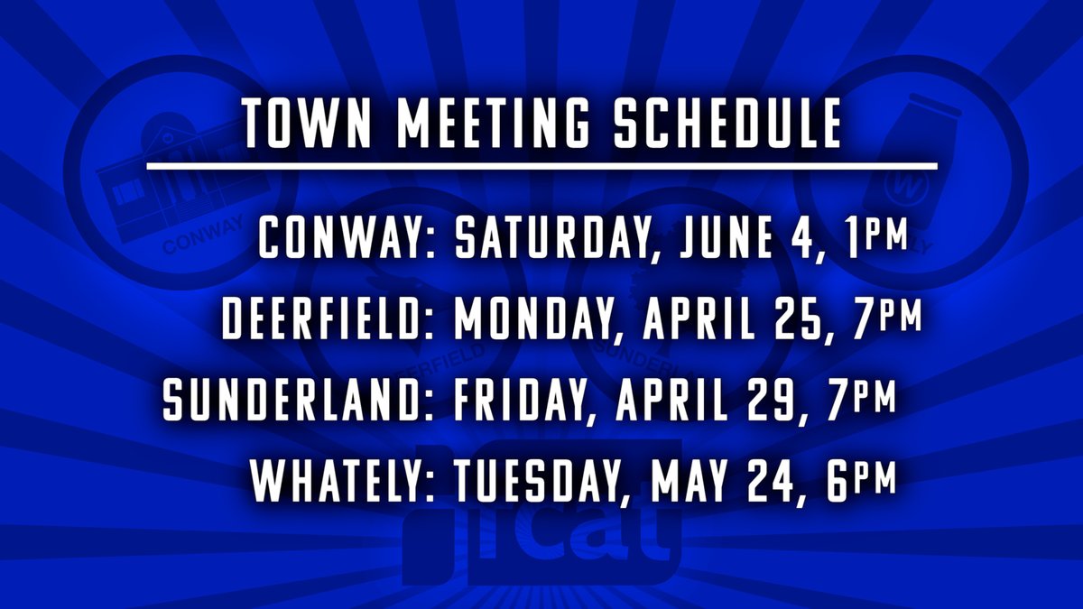 It's almost town meeting season! FCAT is looking for volunteers to assist with video recording these important historical events for our four towns!  See the graphic below for a complete listing of the dates.  If you would like to assist us, please e-mail FCAT at mail@fcat.tv.