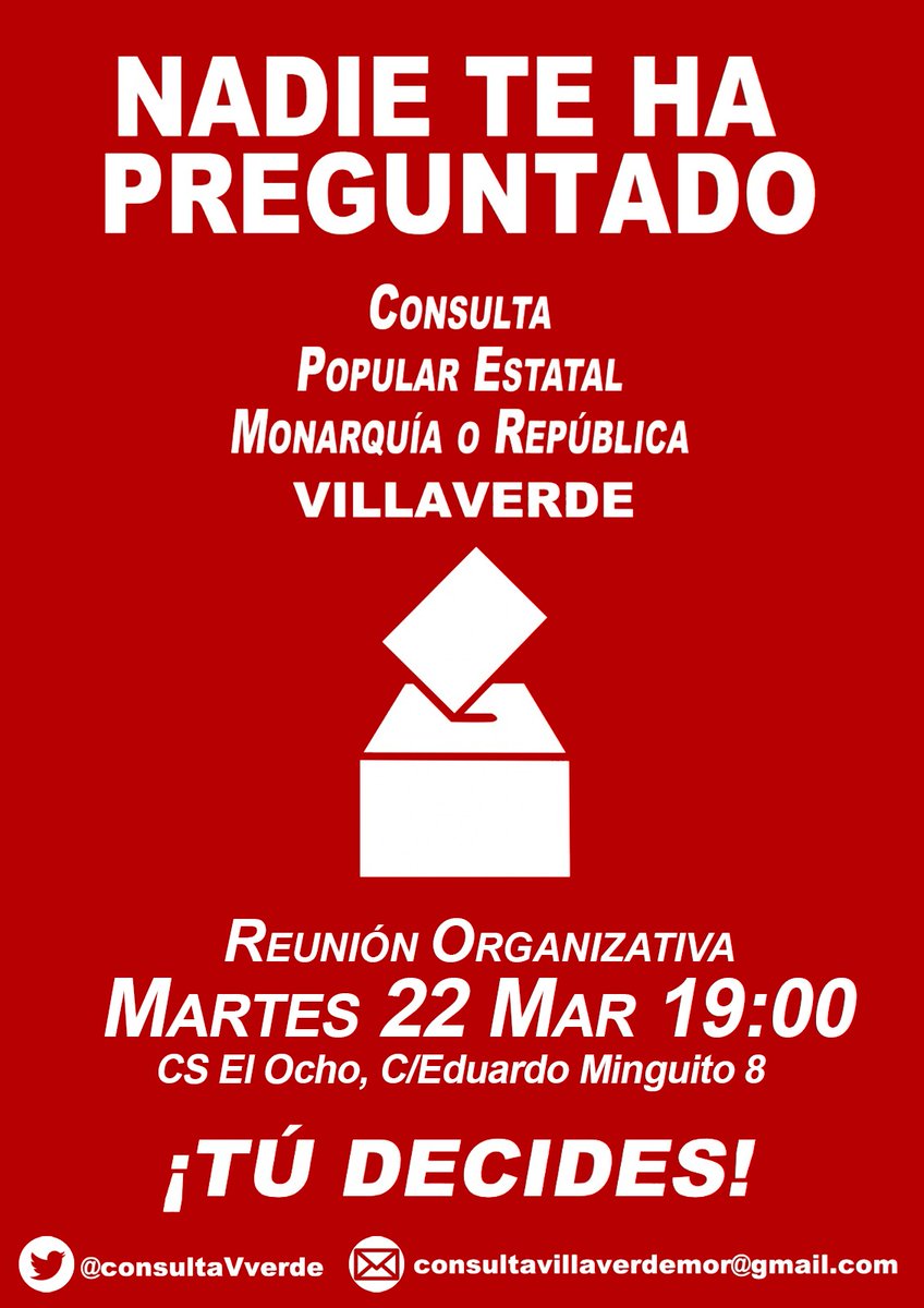 El martes 22 de marzo a las 19:00, te invitamos a asistir a la reunión organizativa que vamos a tener en el <a href="/CSElOcho/">Centro Social El Ocho</a>. 

✊ <a href="/consultaestatal/">Plataforma Consulta Popular Estatal</a> 
#14Mayo2022TúDecides #ConsultaPopularEstatalMoR