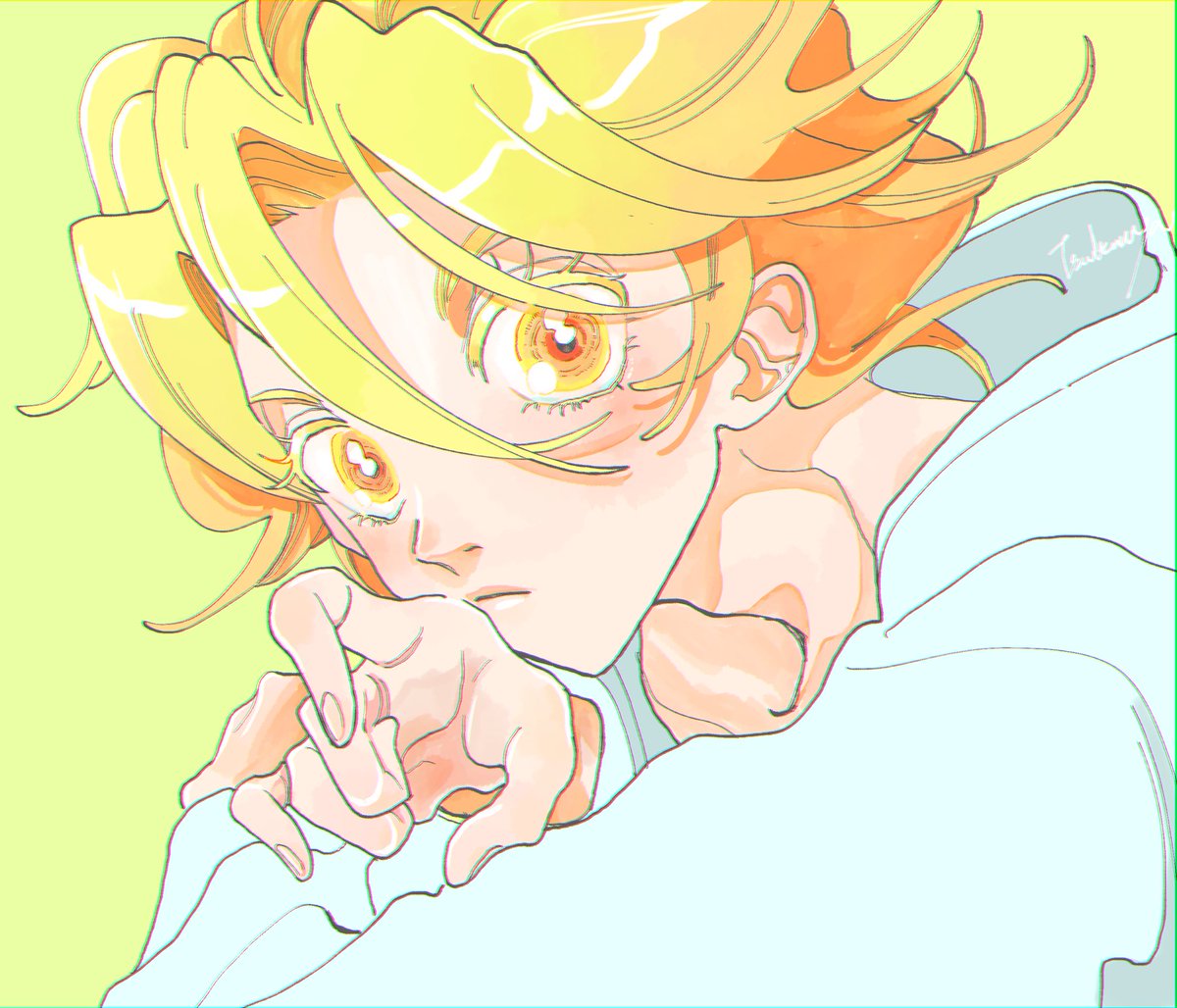 blonde hair solo 1boy male focus yellow eyes looking at viewer hair between eyes  illustration images