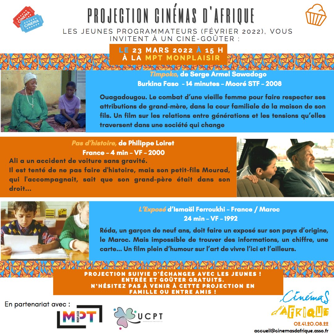Mercredi prochain, retrouvez les jeunes programmateurs de 11 à 20 ans de différents quartiers pour un ciné-goûter qui aura lieu le 23/03 à 15 h à la MPT Monplaisir !

Programme de la projection sur le flyer ci-dessous !
#Angers #Cinéma #AFRIQUE #AngersMaVille #CultureAngers