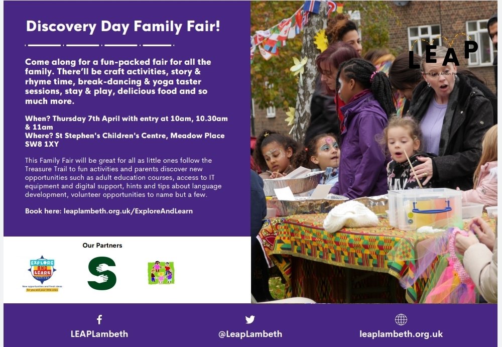 Come along for a fun packed fair for all the family 👪! There'll be craft activities 🎨, Story &amp; rhyme time 🎵, break dancing 🕺 &amp; yoga 🧘‍♀️ taster sessions, delicious 😋 food 🥘 and so much more! Book here: leaplambeth.org.uk/ExploreAndLearn ☺️🧡👆🏽