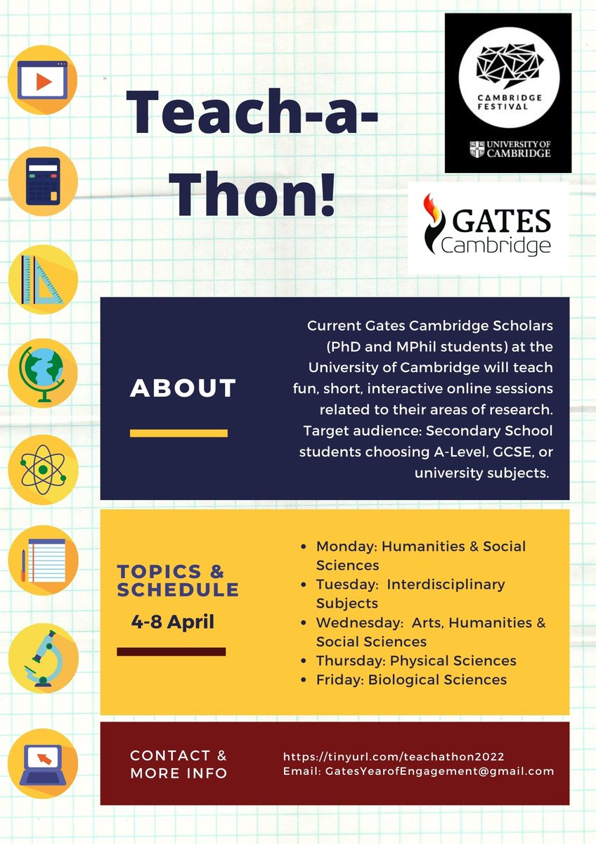Emma Soneson (@emma_soneson) on Twitter photo Very excited to announce that the <a href="/Gates_Cambridge/">Gates Cambridge</a> Teach-a-Thon has paired with the <a href="/Cambridge_Fest/">Cambridge Festival</a> to put on 5 more days of FREE educational programming for secondary school students from 4-8 April! 📚
Please share widely! 🌍
More info ➡️ festival.cam.ac.uk/events/gates-s… Very excited to announce that the <a href="/Gates_Cambridge/">Gates Cambridge</a> Teach-a-Thon has paired with the <a href="/Cambridge_Fest/">Cambridge Festival</a> to put on 5 more days of FREE educational programming for secondary school students from 4-8 April! 📚
Please share widely! 🌍
More info ➡️ festival.cam.ac.uk/events/gates-s…