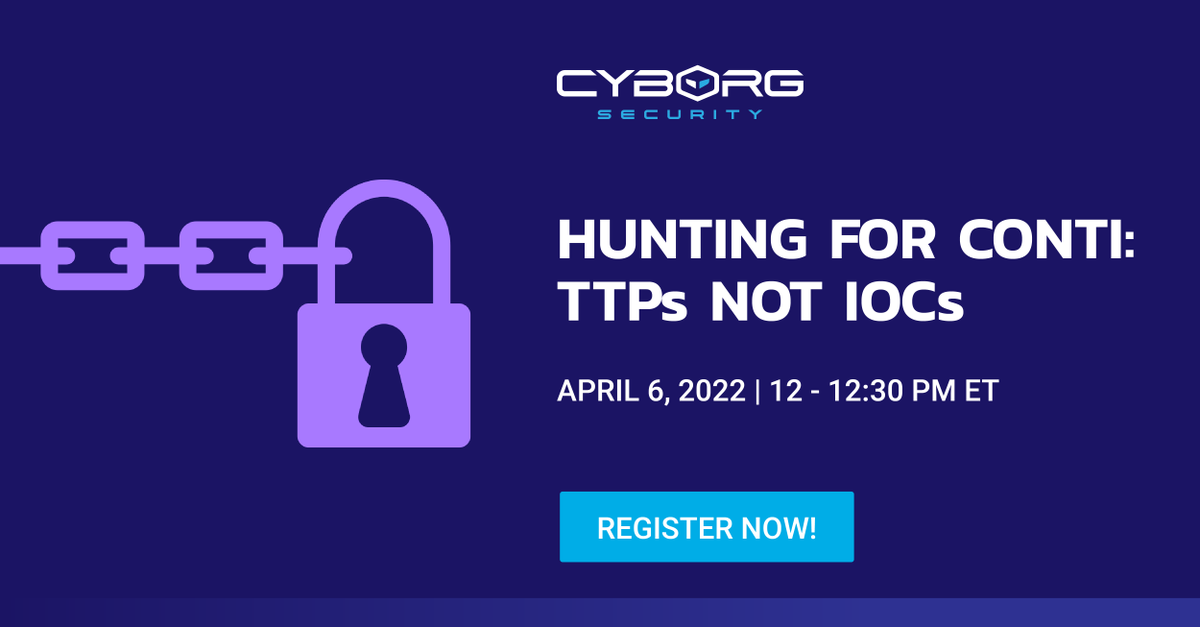 CyborgSecInc's tweet photo. Join Cyborg Security for a live threat hunt for the #Conti #ransomware using the latest #threatintelligence reporting, and the very real pitfalls organizations face in trying to operationalize this data.

Register 👇
https://t.co/IK3kBsgLeF

#threathunting #cybersecurity #infosec https://t.co/TY0M06AE37