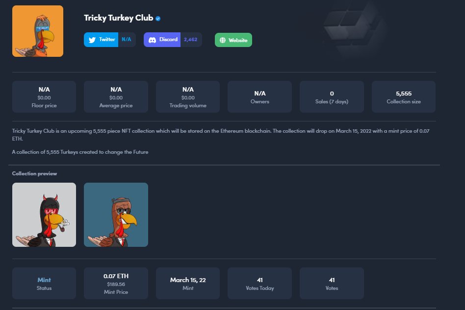We have just listed <a href="/Tricky_Turkey_/">Tricky Turkey Club</a> on NFTFeed! 🔥

nftfeed.app/ethereum/proje…

#Ethereum #ethereumNFT #nft #EthereumClassic
