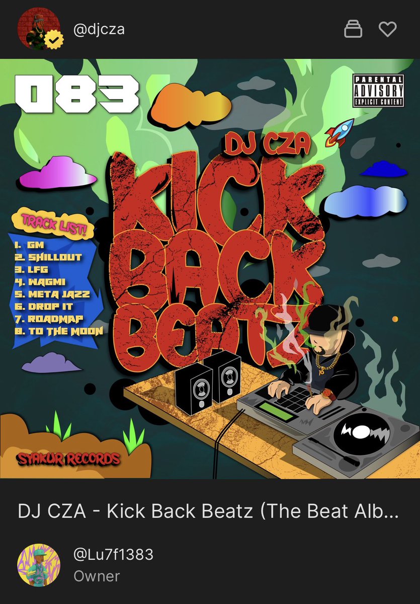 DjCza's tweet photo. Big thanks to @Lu7f1383 for copping 2 NFTs from the collection, I hope you enjoy the album, welcome to the Klub ser 🙏🏼
#kickbackbeatz #kickbackbeatz #djcza #pentasio https://t.co/XUAvl0uhCs