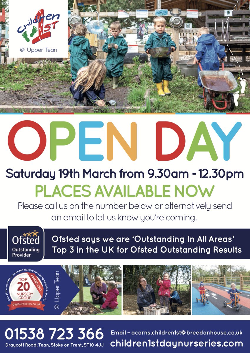 BreedonHouse's tweet photo. Our team at Children 1st @ Acorns is looking forward to its Open Day.

Acorns is judged to be 'Outstanding In All Areas' by Ofsted and is set within acres of #Staffordshire countryside. We also offer 30 hours funded places. 

Please give us a ring to find out more. 

#Stoke https://t.co/3uvMVZkYG4