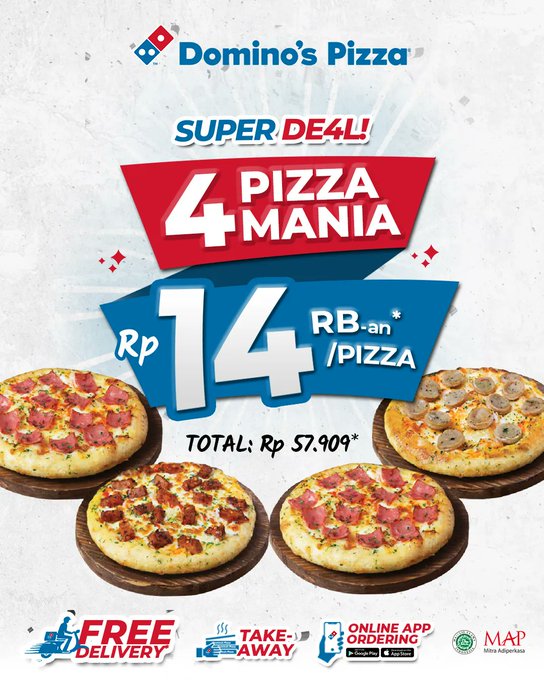 'SUPER DE4L' 4 Pizza Mania 57rb-an atau HANYA 14rb-an/pizza di <a href="/dominos_id/">Domino's Pizza ID</a> . BEBAS pilih topping &amp; berlaku kelipatan lho. Yuk #orderonline ke dominos.co.id atau #call 1500366

Lokasi: Lantai GF Tangcity Mall

#tangcitypromo