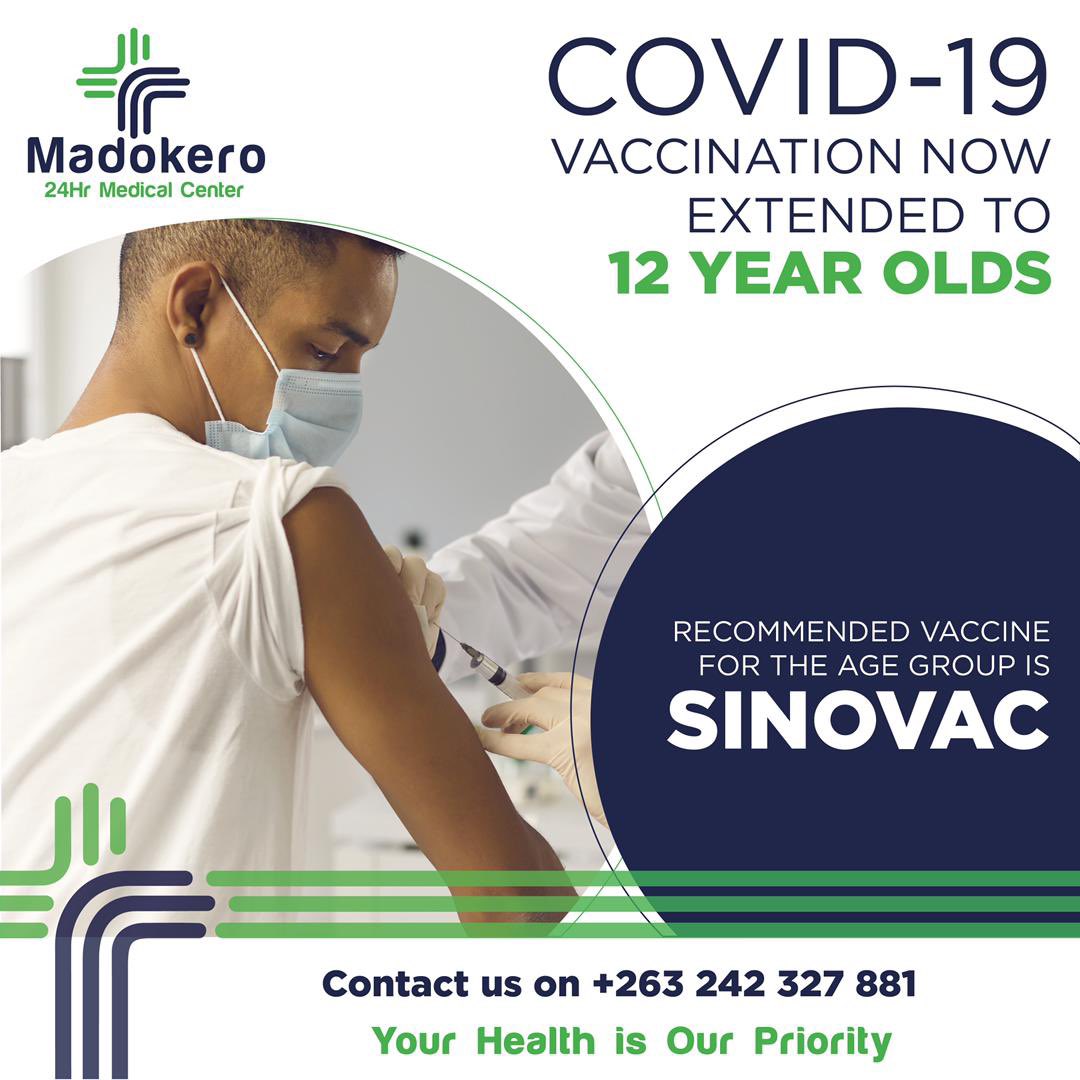 Covid-19 vaccination now extended to 12 year olds. (Recommended vaccine for the age group is Sinovac.)

Book an appointment: +263 242 327 881
-
#YourHealthisOurPriority