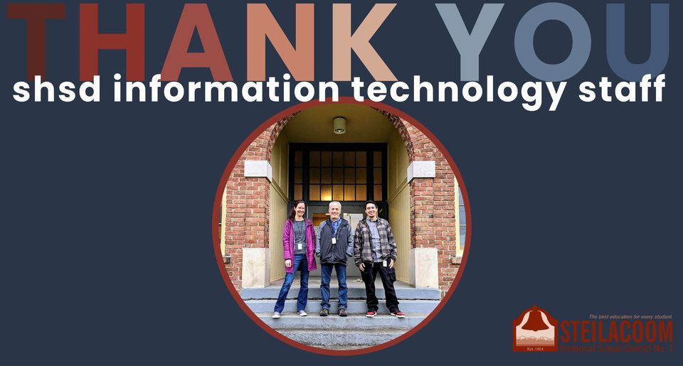 Education Support Professionals Week continues with a celebration of our fantastic Information Technology staff! For ALL you do, THANK YOU! <a href="/bigsteilly/">Steilacoom HS</a> <a href="/Steillysports/">Steilacoom Athletics</a> <a href="/PioneerPirates/">Pioneer Middle School</a> <a href="/anderson_island/">Anderson Island Elementary</a> <a href="/shsd_tandl/">SHSD T&L</a> <a href="/ProjSafe_Sound/">Project Safe & Sound - Steilacoom School District</a>