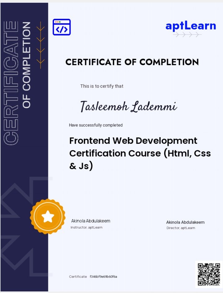 Lademmi's tweet image. My first certificate as a frontend developer, when I said &quot;I&apos;m not gonna give up&quot; I wasn&apos;t capping 😊
const myWin = &quot;This is the beginning&quot;;
console.log(myWin);
@Kynsofficial 
#CodeWithAgbaAkin