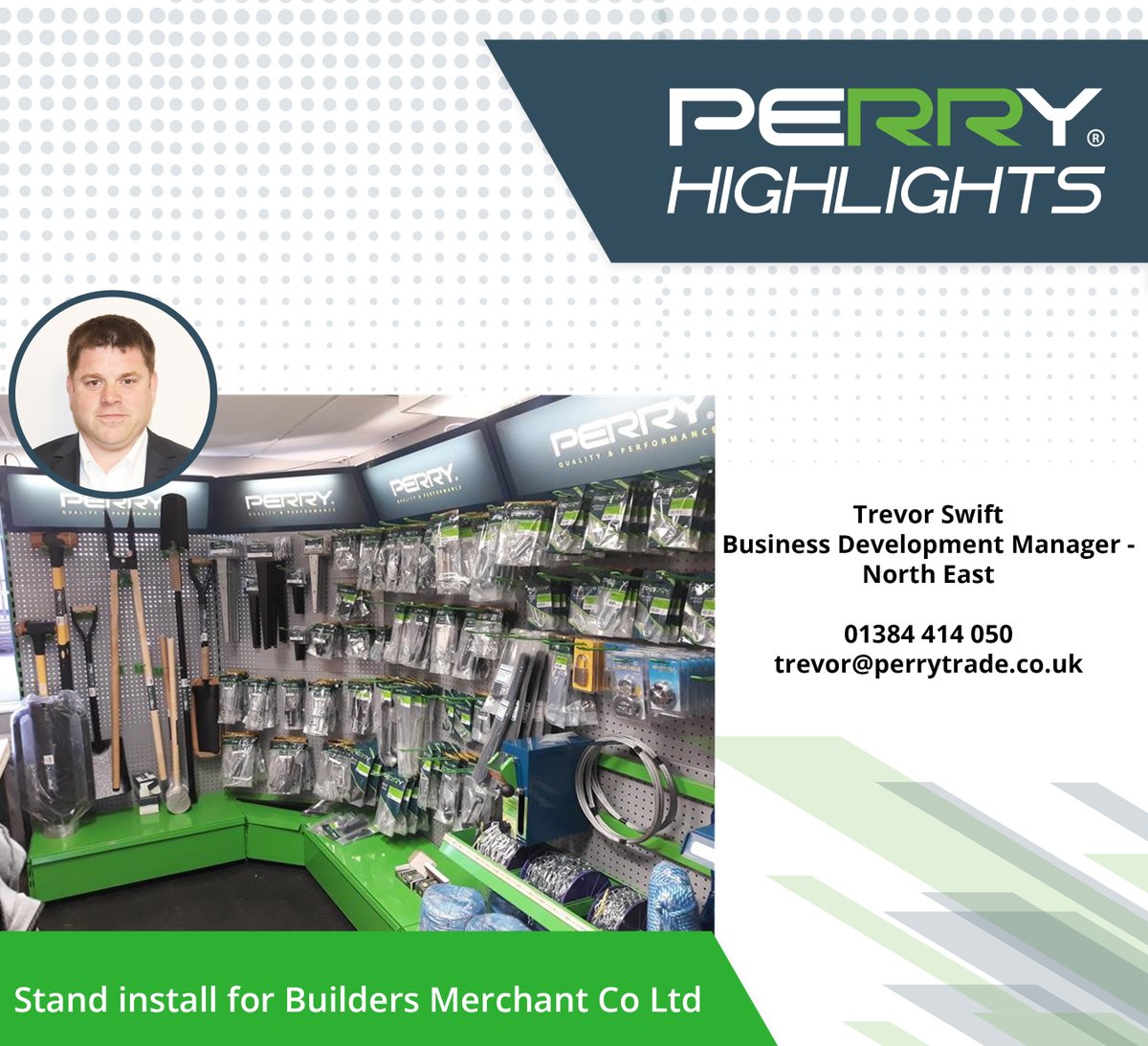 Our Business Development Manager Trevor Swift recently completed a massive stand install for @buildersmerchantcompany . If you're based in the North East contact Trevor at trevor@perrytrade.co.uk to see what he can do for you. 

 #standinstalls #buildersmerchants