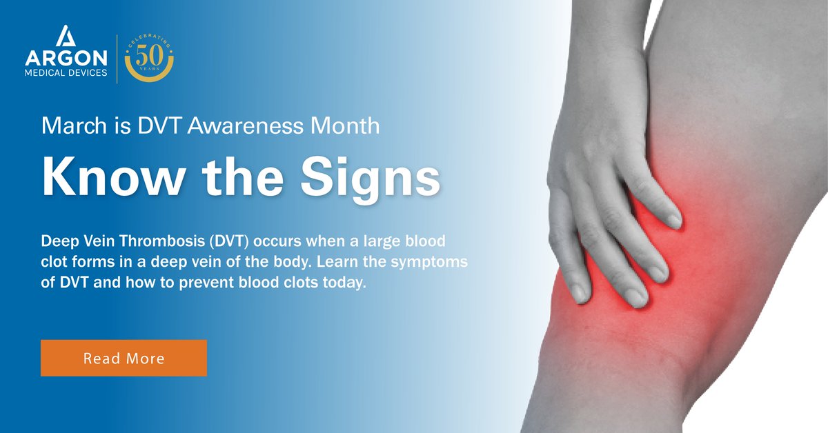 March is National Deep-Vein Thrombosis (DVT) Awareness Month.

If you have pain, swelling, and redness in your leg, pelvis or arm, do you know what's causing it? These could be signs of deep-vein thrombosis. Learn the symptoms and how to prevent DVT today: bit.ly/3Cn6XDb